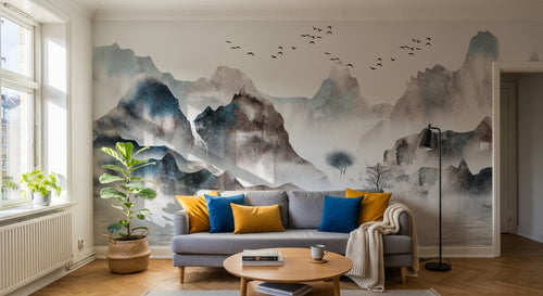 Design SL0032 — Papier peint Paysage encre bleu marron montagnes lac — Novomur