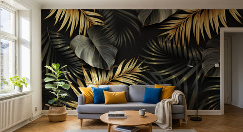 Design SL0033 — Papier peint Feuilles tropicales noir et or luxe — Novomur