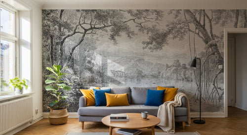 Design SL0057 — Papier peint Paysage tropical gravure ancienne riviere — Novomur
