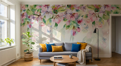 Design SL0106 — Papier peint Cascade cerisier rose pastel papillons — Novomur