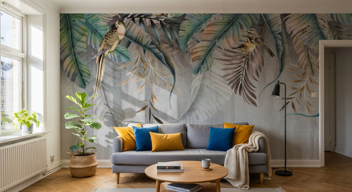 Design SL0140 — Papier peint Bananiers palmes oiseaux fond beton — Novomur