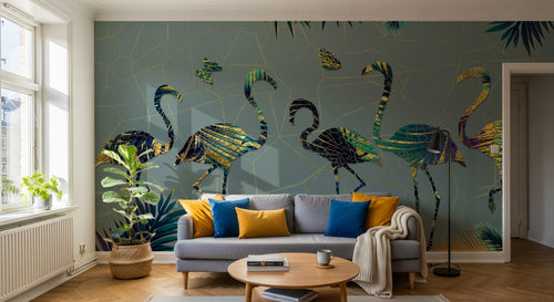 Design SL0143 — Papier peint Flamants silhouettes colorees fond gris — Novomur