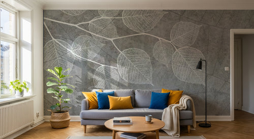 Design SL0168 — Papier peint Branche feuilles transparentes blanches gris — Novomur