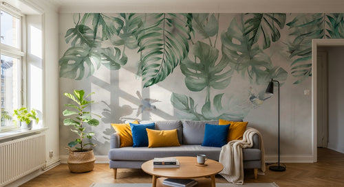 Design SL0173 — Papier peint Monstera cascade oiseaux fond marbre — Novomur