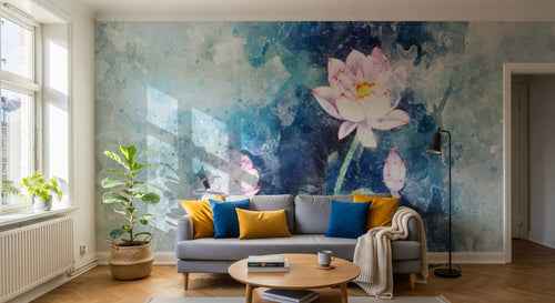 Design SL0187 — Papier peint Lotus aquarelle splash bleu vert — Novomur