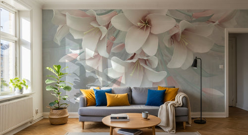 Design SL0191 — Papier peint Lis blancs cascade rose pastel — Novomur