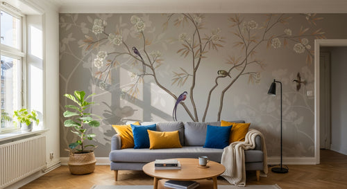 Design SL0199 — Papier peint Arbre oiseaux exotiques chinoiserie beige — Novomur