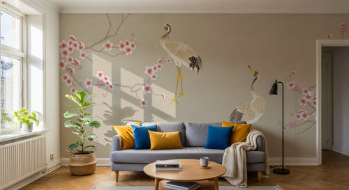 Design SL0203 — Papier peint Grues japonaises cerisier rose pastel — Novomur