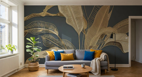 Design SL0206 — Papier peint Bananier dore relief fond bleu marine — Novomur