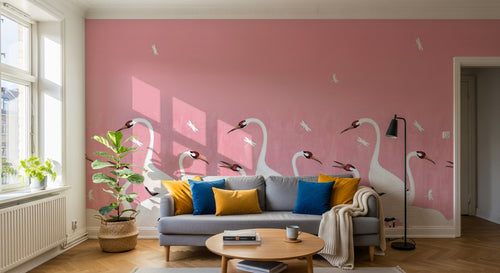 Design SL0211 — Papier peint Grues blanches fond rose pastel — Novomur