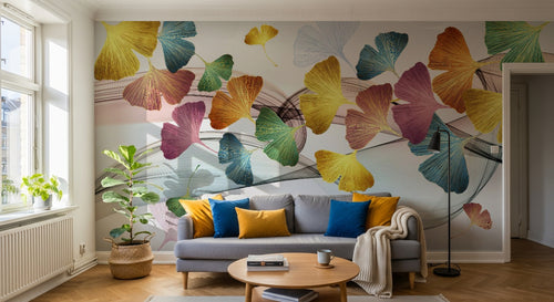 Design SL0212 — Papier peint Ginkgo multicolore lignes fluides — Novomur