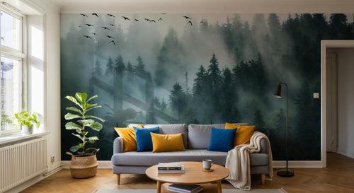 Design SL0241 — Papier peint Foret pins brumeuse oiseaux photo — Novomur