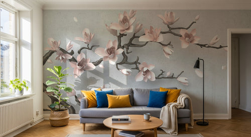 Design SL0283 — Papier peint Magnolia rose pale 3D relief gris — Novomur