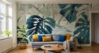 Design SL0297 — Papier peint Monstera turquoise lignes fond creme — Novomur