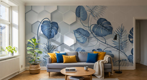 Design SL0333 — Papier peint Monstera bleue hexagones fond blanc — Novomur