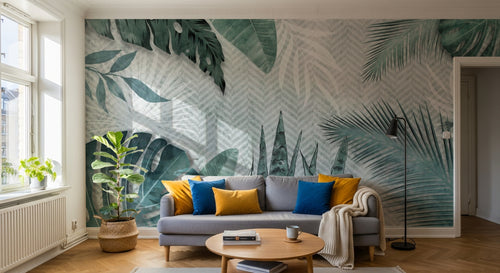 Design SL0334 — Papier peint Feuillage tropical sauge fond chevron — Novomur