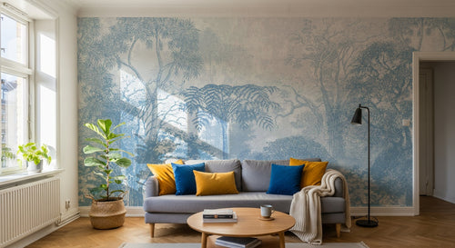 Design SL0339 — Papier peint Foret gravure bleu vintage botanique — Novomur