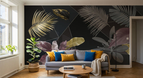 Design SL0341 — Papier peint Feuilles tropicales colorees fond noir geometrique — Novomur