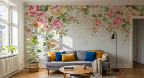 Design SL0349 — Papier peint Cascade pivoines roses feuillage vintage — Novomur