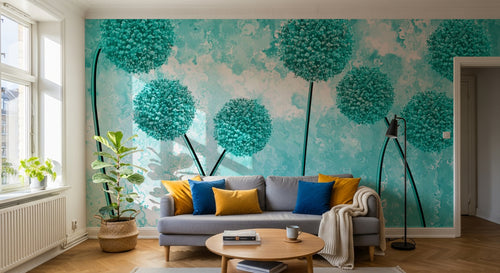 Design SL0350 — Papier peint Pissenlits turquoise fond grunge — Novomur