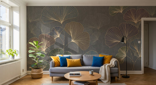 Design SL0351 — Papier peint Ginkgo nervures dorees multicolores gris — Novomur