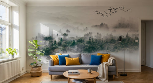 Design SL0356 — Papier peint Foret brumeuse vue aerienne oiseaux — Novomur