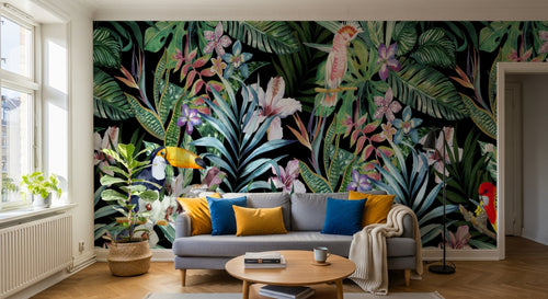 Design SL0377 — Papier peint Jungle nocturne toucan aras hibiscus — Novomur