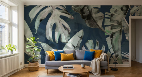 Design SL0396 — Papier peint Monstera bananier fond bleu marine — Novomur