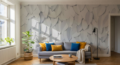 Design SL0397 — Papier peint Feuilles blanches relief 3D minimaliste — Novomur