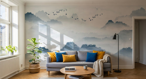 Design SL0418 — Papier peint Paysage encre bleue collines barque — Novomur