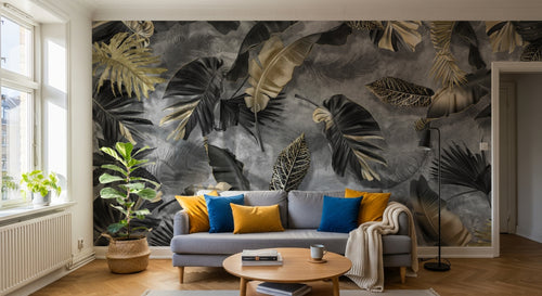 Design SL0452 — Papier peint Feuilles tropicales noir or fond gris luxe — Novomur