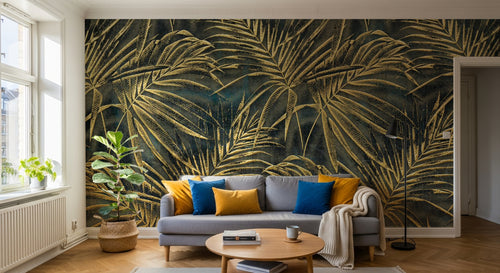Design SL0455 — Papier peint Palmes dorees fond bleu marine luxe — Novomur