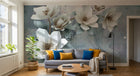 Design SL0487 — Papier peint Magnolias blancs 3D fond gris bleu — Novomur