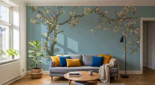Design SL0498 — Papier peint Amandier fleurs blanches Van Gogh fond bleu — Novomur
