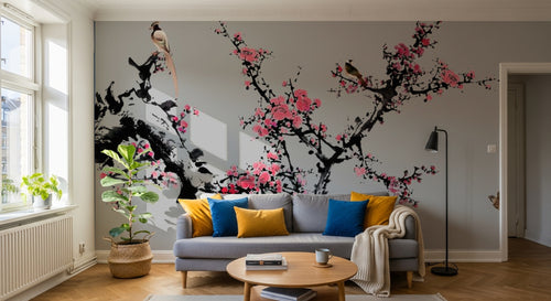 Design SL0501 — Papier peint Prunier rose oiseaux fond gris chinoiserie — Novomur
