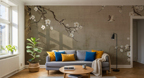 Design SL0504 — Papier peint Cerisier blanc oiseaux paysage chinois beige — Novomur