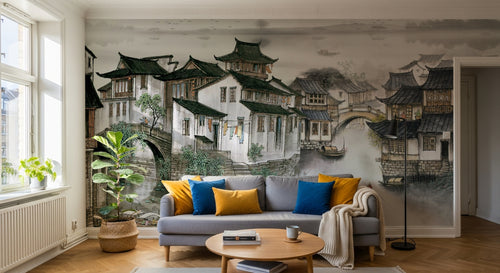 Design SL0506 — Papier peint Village chinois lac maisons toits noirs — Novomur