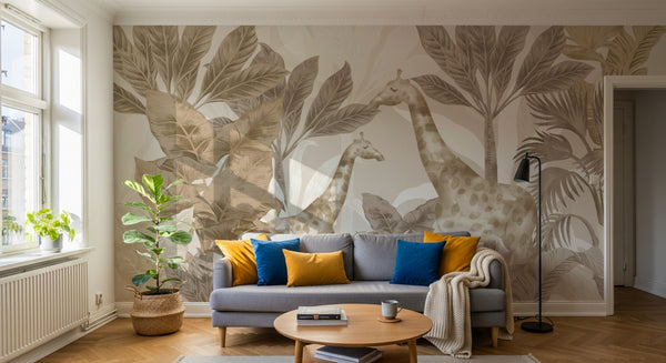 Papier peint panoramique Girafes et Feuillage Beige - Sur mesure