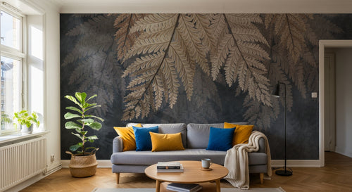 Design SL0583 — Papier peint Fougeres dorees fond gris brumeux luxe — Novomur