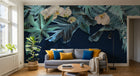 Design SL0610 — Papier peint Palmes monstera bleues orchidees fond marine — Novomur