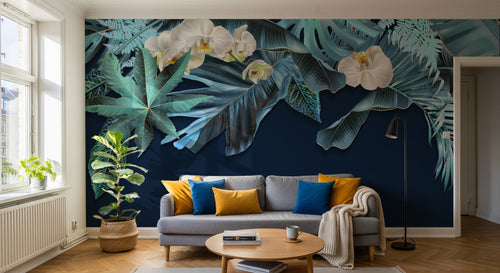 Design SL0610 — Papier peint Palmes monstera bleues orchidees fond marine — Novomur