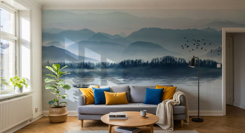 Design SL0628 — Papier peint Paysage encre bleue pastel lac barque — Novomur