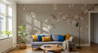 Design SL0660 — Papier peint Cerisier blanc oiseaux fond beige montagnes — Novomur