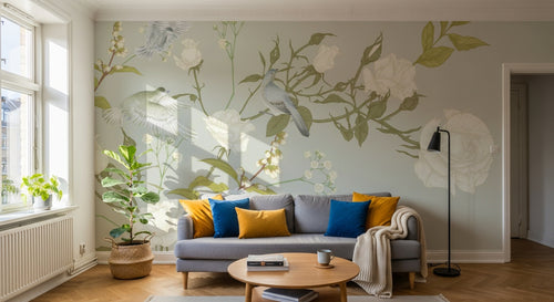 Design SL0663 — Papier peint Roses blanches branches oiseaux gris vert — Novomur