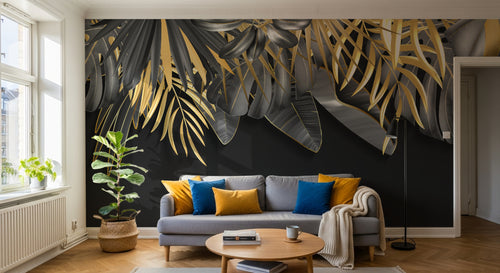 Design SL0705 — Papier peint Feuilles tropicales noir or fond noir luxe — Novomur