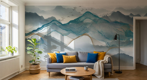 Design SL0715 — Papier peint Montagnes encre bleu lignes dorees fluides — Novomur