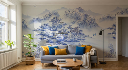 Design SL0725 — Papier peint Paysage porcelaine bleu blanc montagnes — Novomur