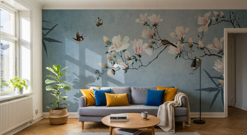 Design SL0791 — Papier peint Magnolias roses oiseaux bambou bleu pastel — Novomur