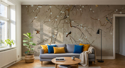 Design SL0801 — Papier peint Branches blanches oiseaux colores fond beige — Novomur