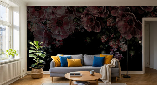 Design SL0809 — Papier peint Coquelicots rouges fond noir romantique sombre — Novomur